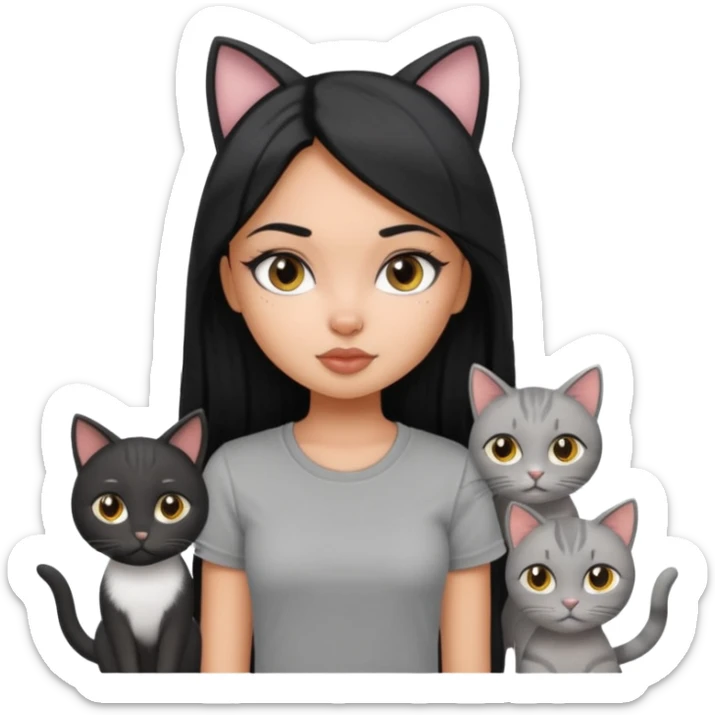 a pretty bratz dusky girl with long straight hair with four cats nd wearing a grey tshirt sticker
