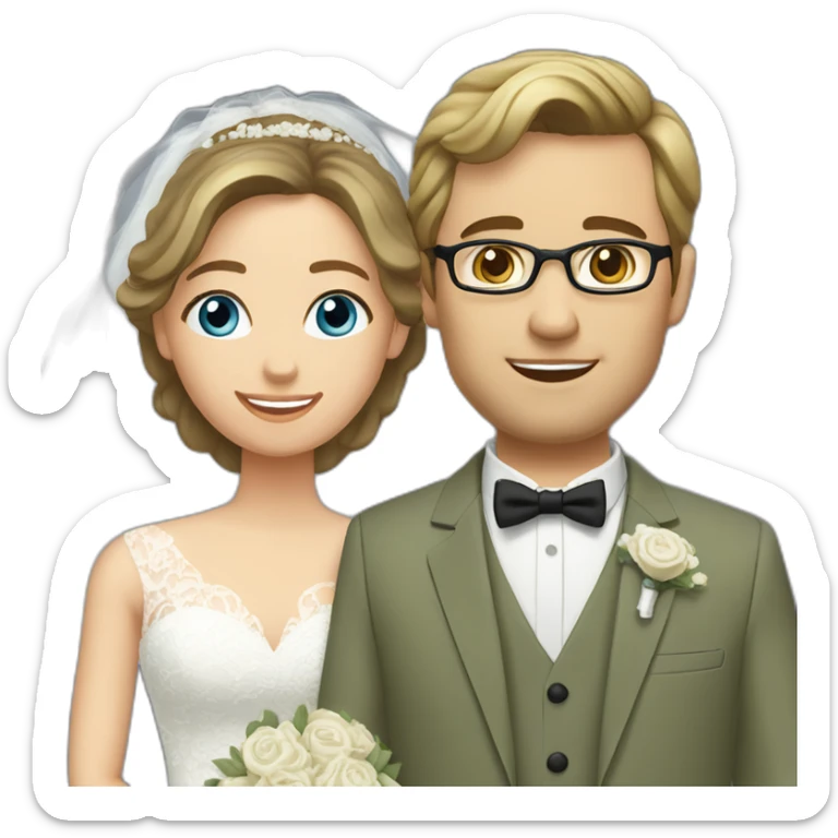 Wedding couple. Bride has brown hair pinned up. She wears lace dress. She has blue eyes. Groom has olive green suit and brown vest. He has blond hair. He wears glasses. He has blue eyes too. sticker