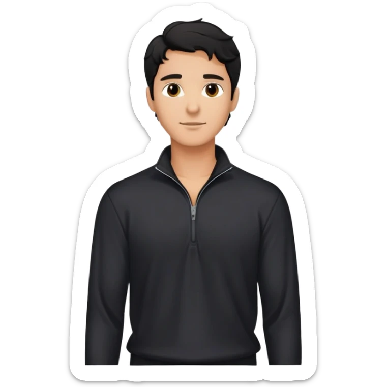 Relaxed fit black quarter-zip shirt on man with wavy black hair, not form-fitting sticker