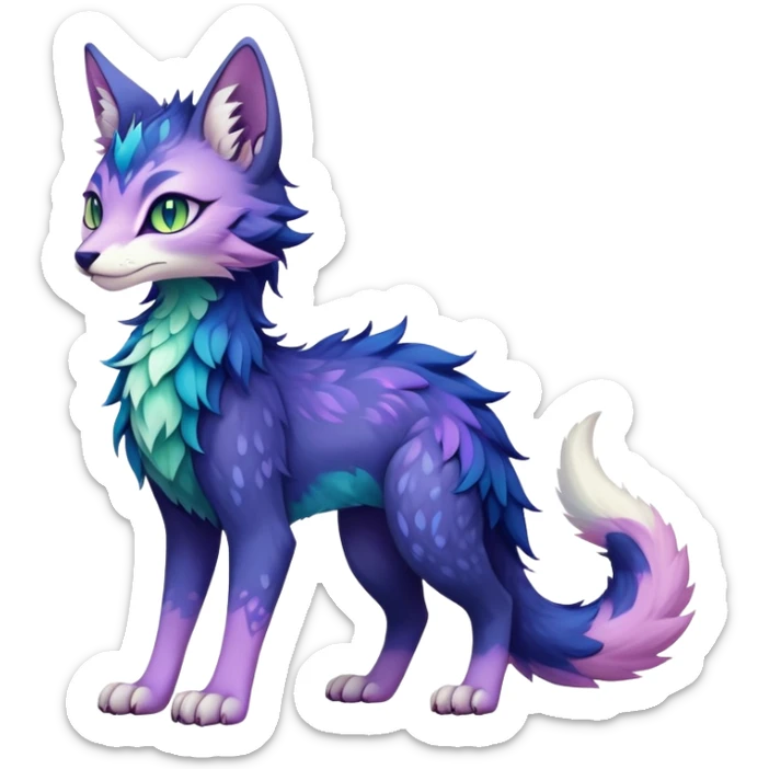 Kawaii dark blue indigo cyan purple violet pink beige white fantasy ethereal feline-vernid-sergal-fursona animal creature with a tufted tail full body with intricate markings, hazel-gold-green eyes sticker