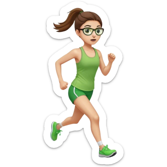 pretty girl white glasses brown hair in a ponytail green tank top running sticker