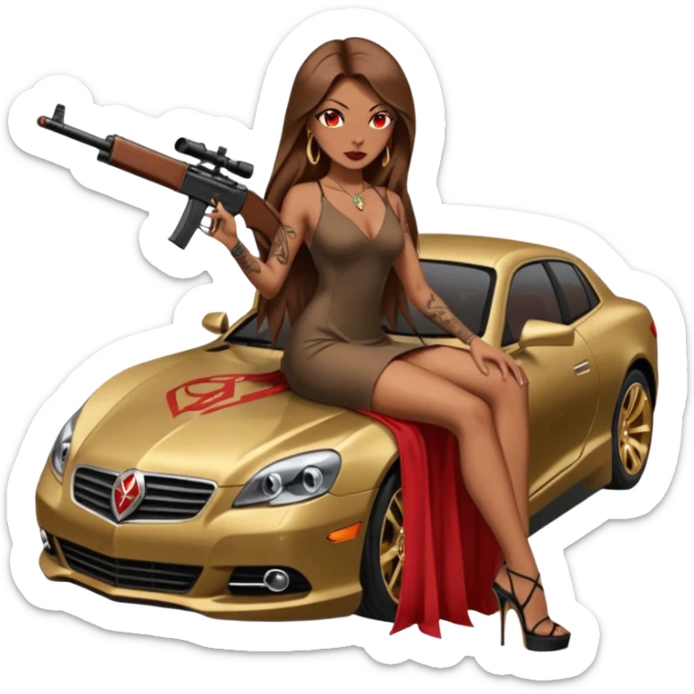 Lilith tan skinfemale red eyes symbol. Tattoo arms. Her hair is brown straight long hair.wearing sexy long sexy dress with slit. black stiletto thick platform high heels shoes on. Sitting on gold giant luxury car with cash inside . She is holding a sniper rifle in one hand cash in other hand sticker