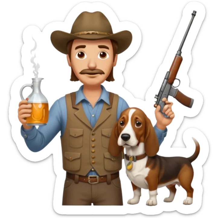 hillbilly basset hound head body of  man with moonshine and gun emoji sticker