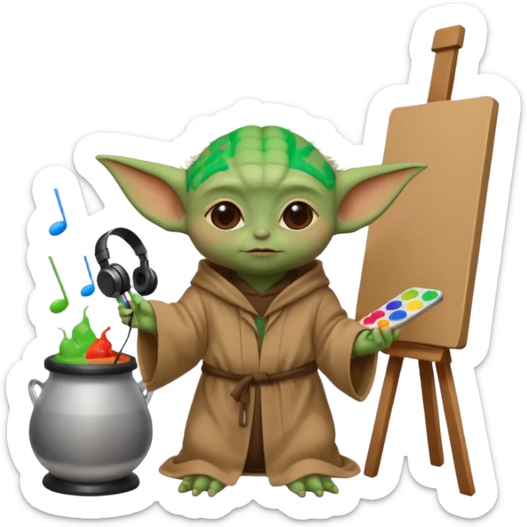 Baby Yoda in his brown robe listening music on his headphones, painting a picture on an easel and surrounded by paint pots. sticker