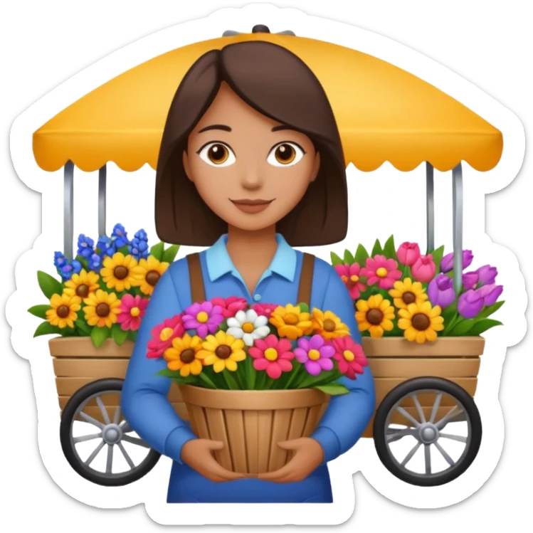 Shopper with flower bouquet,Farmers’ Market, background Flowers cart, market. sticker