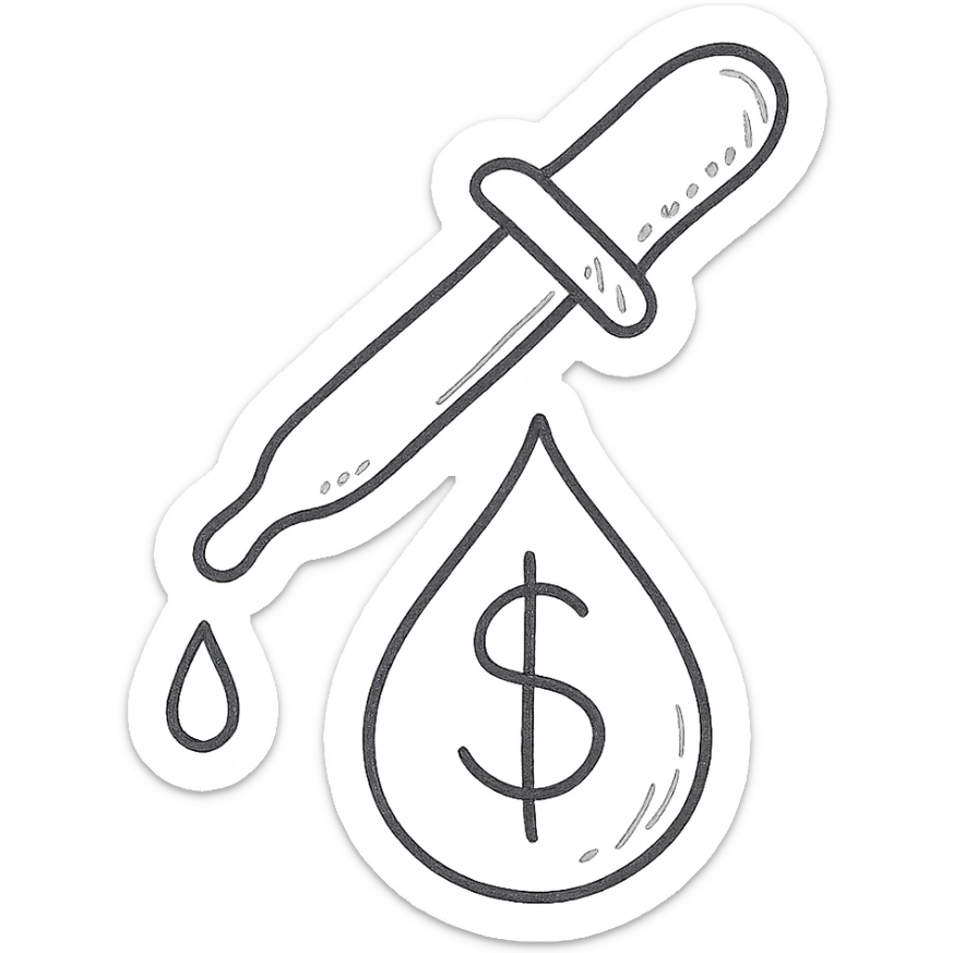 hand-drawn outlined pipette at the top of a golden drop with a dollar sign inside the drop sticker