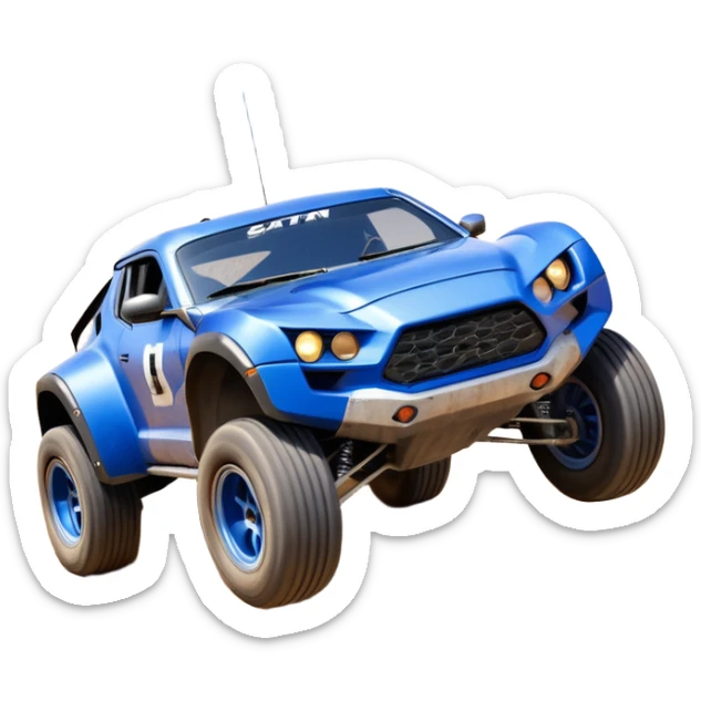 Satan’s (post race) ultra blue wide-body Dirty and dented Local Motors Rally Fighter off road race car hot rod flying turning a tight corner (silver wheels) sticker