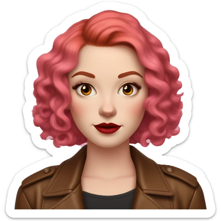 Woman with very pale skin, bright red curly short bob hair that is parted on the side, heavy cat-eye makeup, long eyelashes, bright pink blush and bright pink lipstick.  Her eyebrows are dark, arched and very high.  Hazel eyes. Wearing a leather jacket  sticker