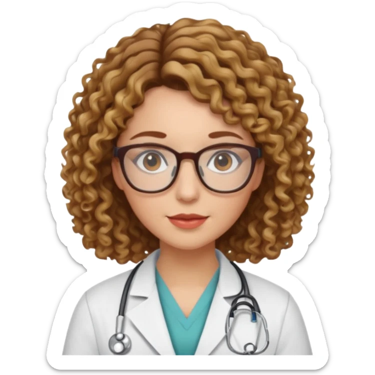 doctor woman with brown  curly hair with blonde highlights, she has glasses sticker