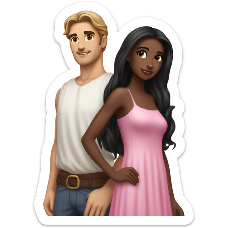 A handsome pale Greek god man who has long brown hair and tanned skin with a pretty black skinny tall model woman who has long black hair and she is wearing a pink dress and they are a couple sticker