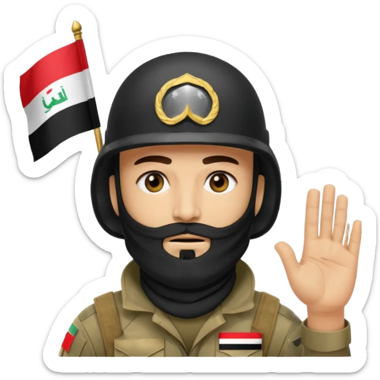 surrenders, depicts an Iraqi soldier from 1980, with a beard, in a helmet, a helmet with sign flag Iraq, with a balaclava, with sad eyes and both hands raised up sticker