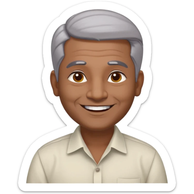 50 yr old indian man, dark skin, grey hair, big smile, white teeth, chubby, no moustache, clean shaven, young style hair, hair brushed back, 5 oclock shadow, bindy on forehead, dress shirt, bindy sticker