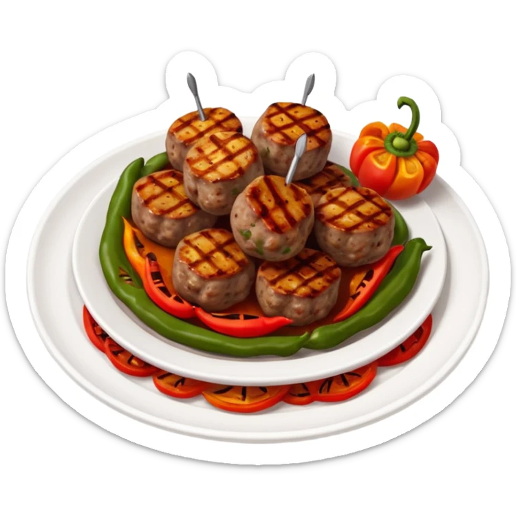 Akçaabat meatballs object icon, grilled Turkish kofte pieces on a plate, smoky char marks, juicy texture, served with grilled peppers and tomatoes, 3D cartoon, mobile game icon style, centered, clean background, no text, no watermark
 sticker