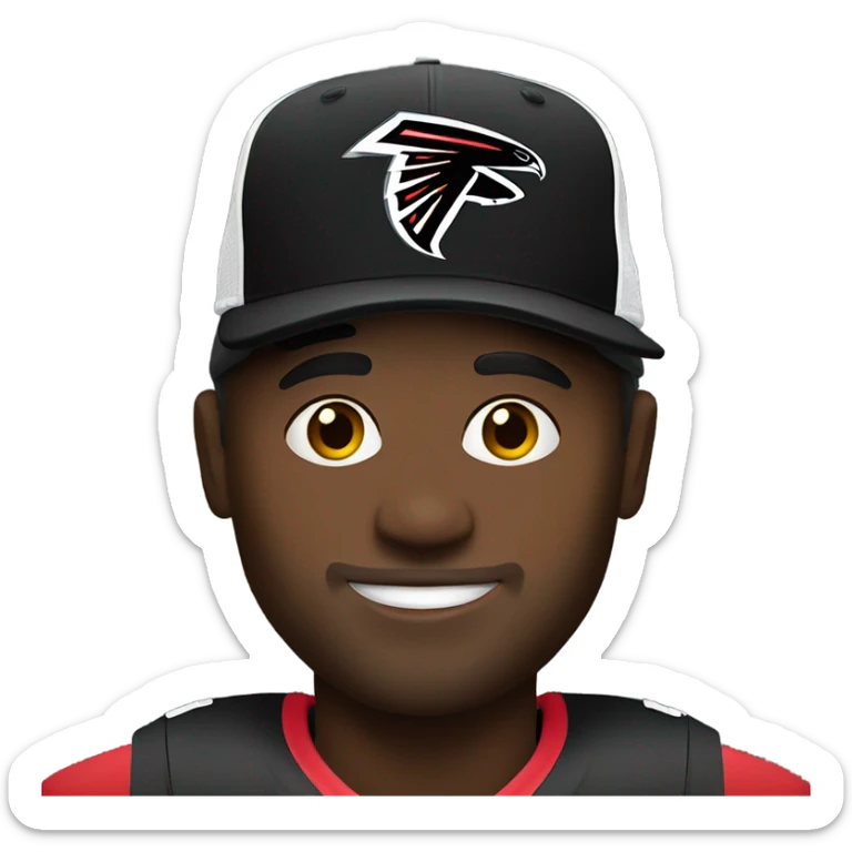 Black man wearing a hat with the NFL falcons logo on it and also wearing the nfl falcons jersey sticker