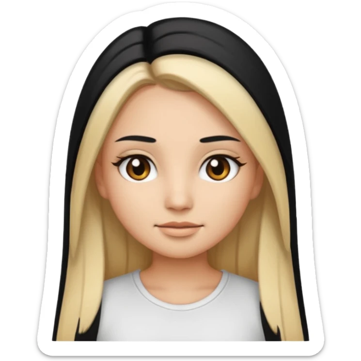 make a girl emoji with straight long black hair and blonde highlights and brown eyes with pretty eyelashes wearing a white top sticker