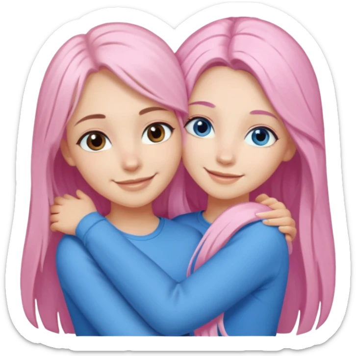 four white grips hugging and smiling    2 girls with brown eyes and long dark brown hair. One girl with long light pink hair and blue eyes, one girl with blue eyes and light blonde hair sticker