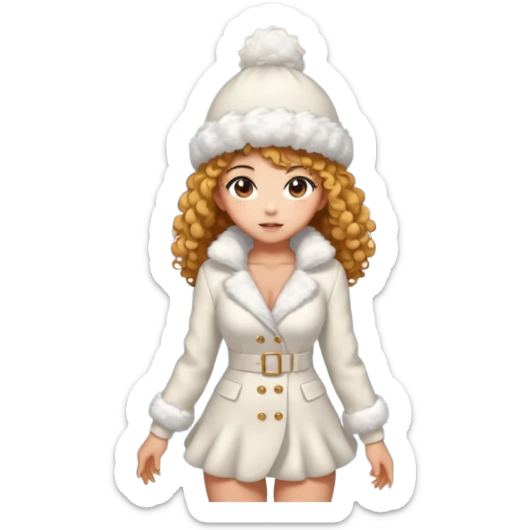 sexy and muscled tanned anime like asian girl, golder curly hair, in winter fluffy white dress-suit, in winter fluffy hat, surrounded by winter snow and ice around, full body sticker