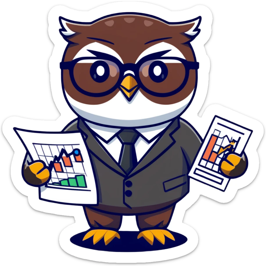 Twilio owl wearing finance outfit with business suit, glasses and stock market chart sticker