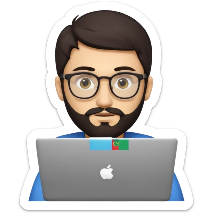 23 year old Azerbaijani man with very dark brown hair and beard with glasses and laptop , light yellow skin face, not european sticker