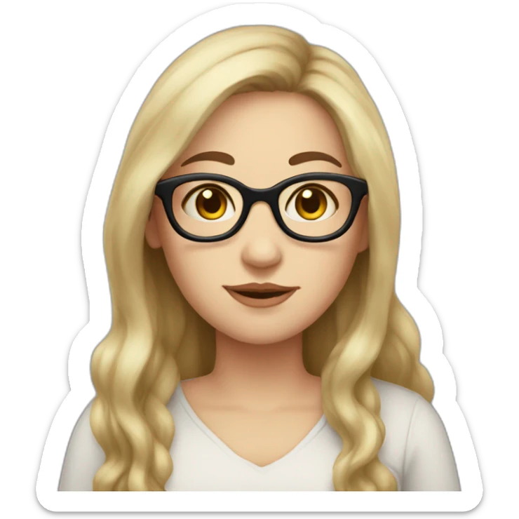 a dark long hair white woman with glasses and a little smile, little chubby, with rose cheeks, sticker