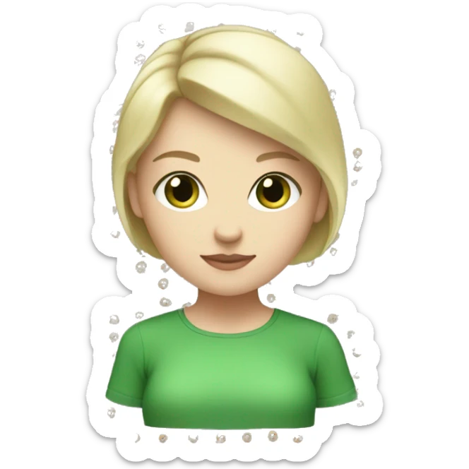 White girl, short blonde hair, green eyes, green shirt  sticker