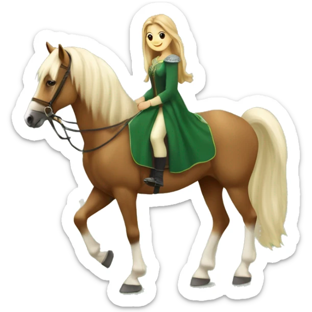 A beautiful majesty Haflinger was riding by a white beautiful girl with brown hair and a forest green princess dress sticker