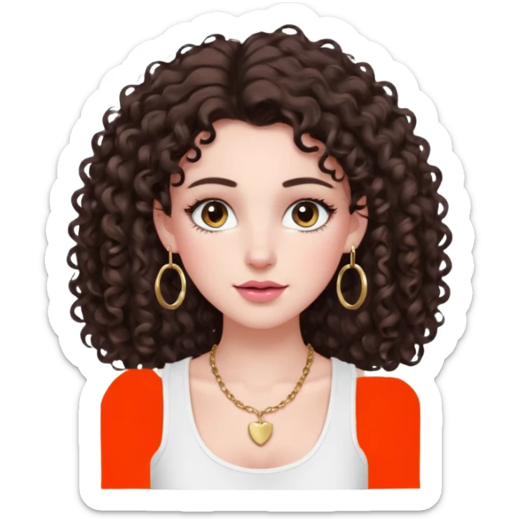 white girl with long dark brown curly hair with a little volume wearing a white tank top. Blush on the cheeks and big eyelashes and a brown-pink lip combo. gold hoops as earrings(medium size)  and a small gold hoop for a nose ring  and a square small denty gold necklace  sticker