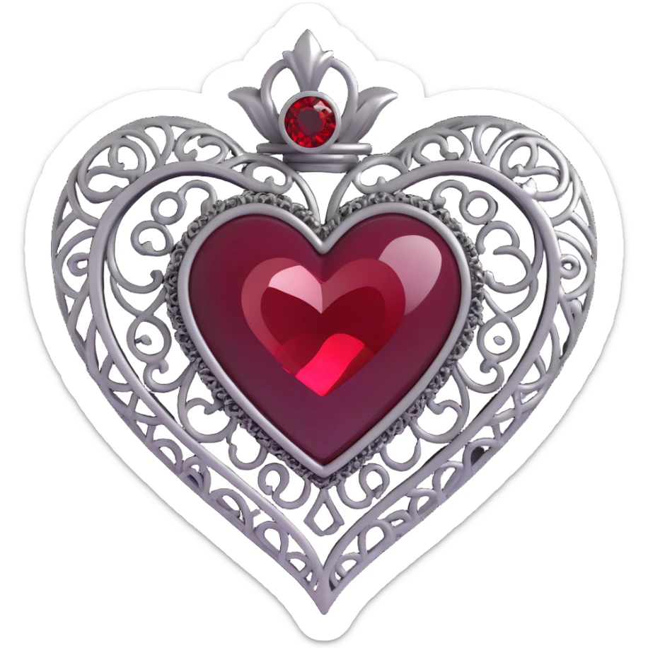 3D emoji gothic heart, black velvet texture, ornate silver filigree, deep red gemstone center, dramatic and elegant sticker