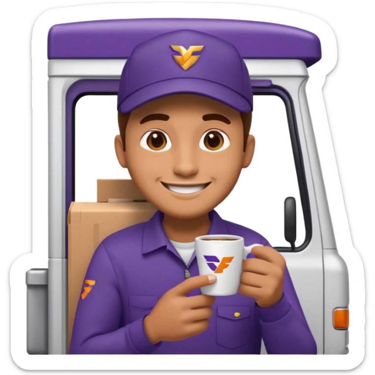 emoji of FedEx delivery man is sipping coffe while sitting in the FedEx truck sticker