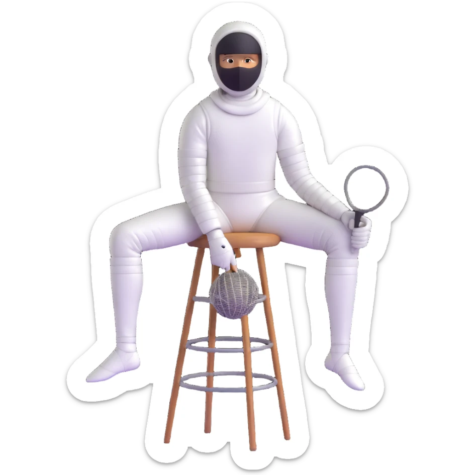 epee fencer sitting on a stool with fencing mask under arm waiting for match sticker