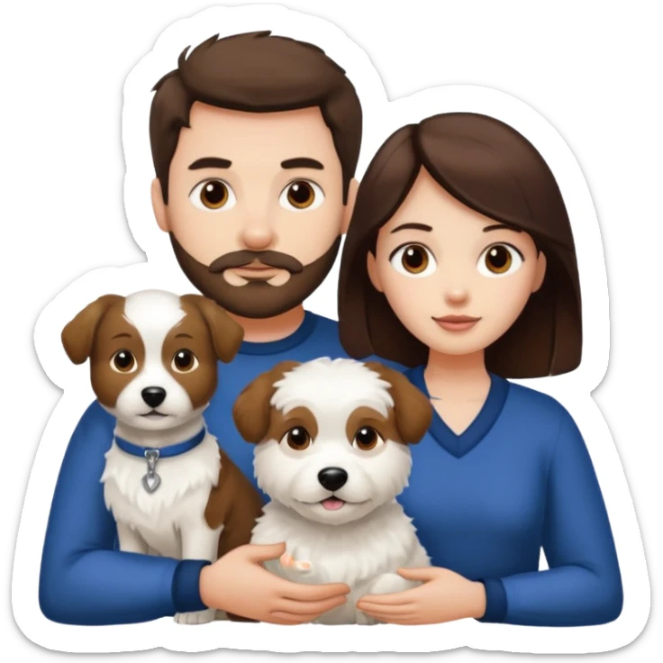 scottish man with stubble, brunette woman and one fully pure white fluffy dog sticker