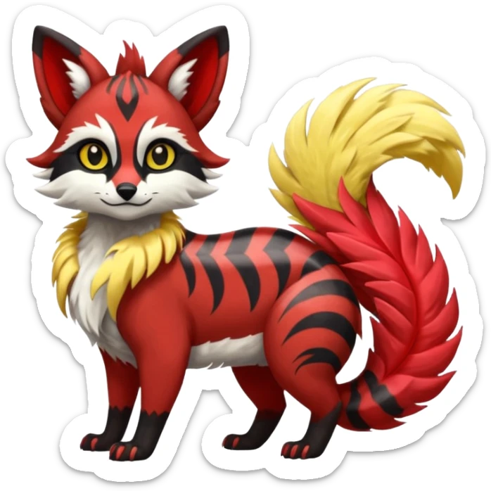 Futuristic sanguine-red banana-yellow black chevron-marked furry fluffy floofy feathery tribal marked Genet-Absol-Kyurem-Zeraora-Primagen-fusion-creature  sticker