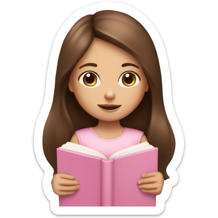 fair-skinned girl with long and straight brown hair holding a baby-pink-colored book sticker