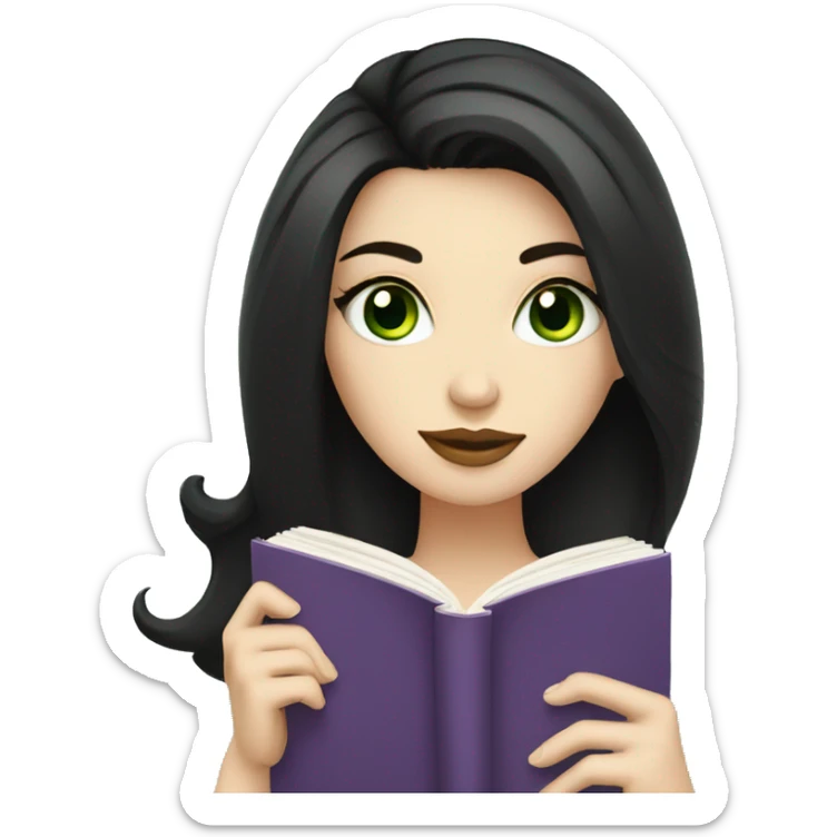 a white girl with black hair and green eyes, reading a book holding a mug of coffee sticker