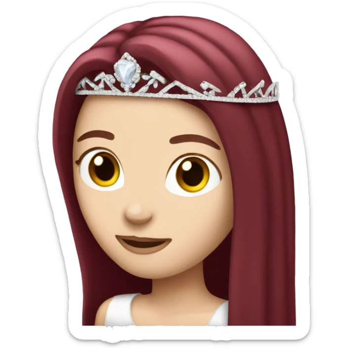 white girl with very long straight burgundy hair wearing a tiara sticker
