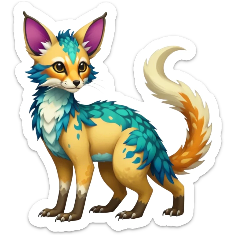 Feral Rare Fantasy vibrant colorful Vernid-Trico-species by LiLaiRa, random markings, tufted tail, tufted ears, full body sticker