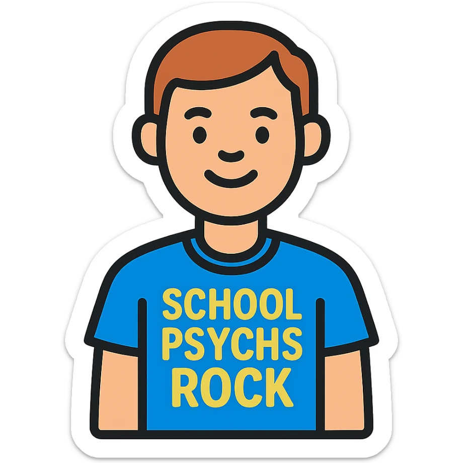 color outline icon of a person in a t-shirt that says 'school psychs rock', friendly and approachable, clear text, modern icon style sticker