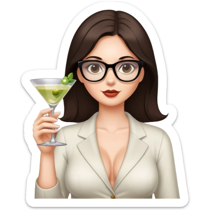 white girl medium lenght dark brown hair glasses and busty holding a martini sticker