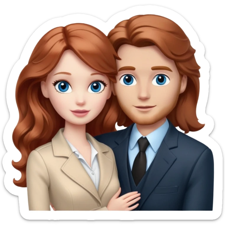 Barbie girl  , eyes blue , Chestnut red long wavy hair In pale beige clothes, Hugs a man with brown hair, brown eyes and a black suit sticker