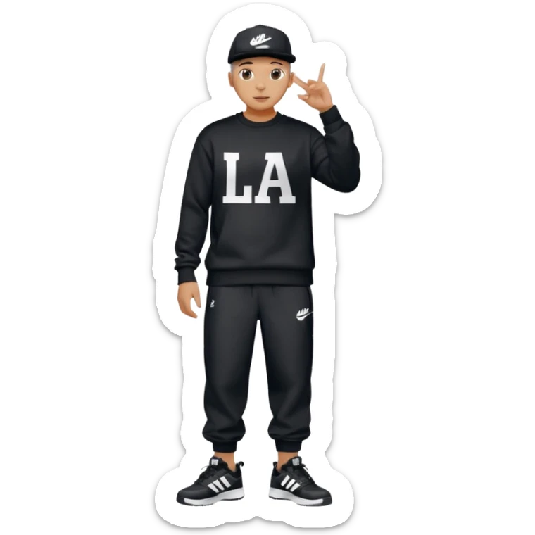 Crea Un Emoji De Cuerpo Completo Que Sea Hombre Con Corte Alucin Que Tenga Gorra Nike, Suéter Negro Que Tenga La Letras LA El La Parte Del Corazón, Zapatos Adidas Con Una Palomita✅, Pantalón Ancho O Bellaco Con Unos Diseños De Palomas Blancas Y Asiendo Una Pose Con Su Mano Que Sea Está 🤙🏽. sticker