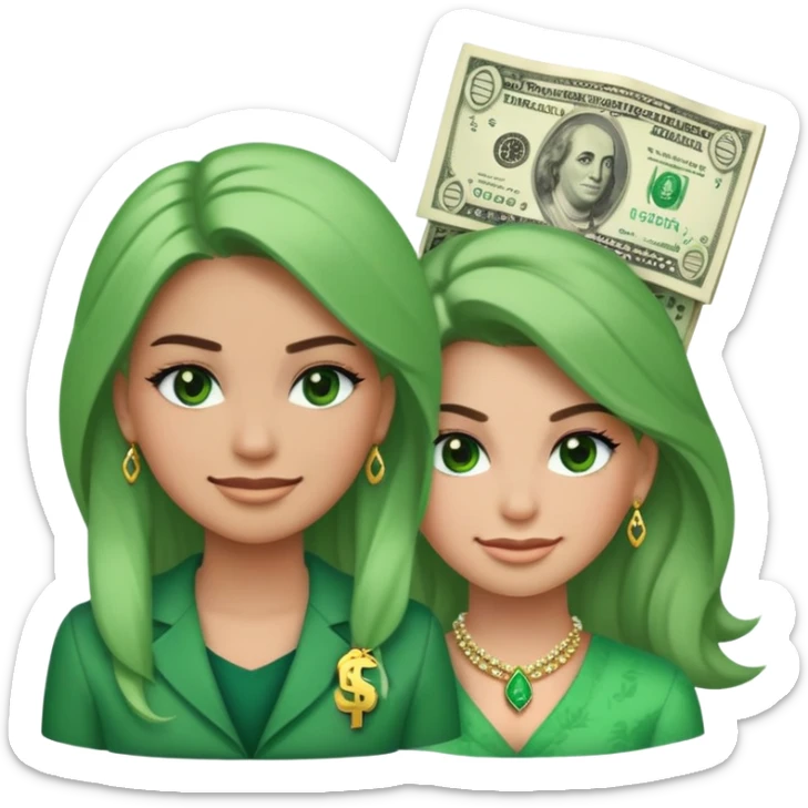 A girl who is smiling on one side and frowning on the other. On the side that is frowning, her hair and clothing is made of green money, and her eyelashes are made of dollar signs. On the side that is smiling, she has beautiful hair, makeup, clothes and jewelry on. sticker