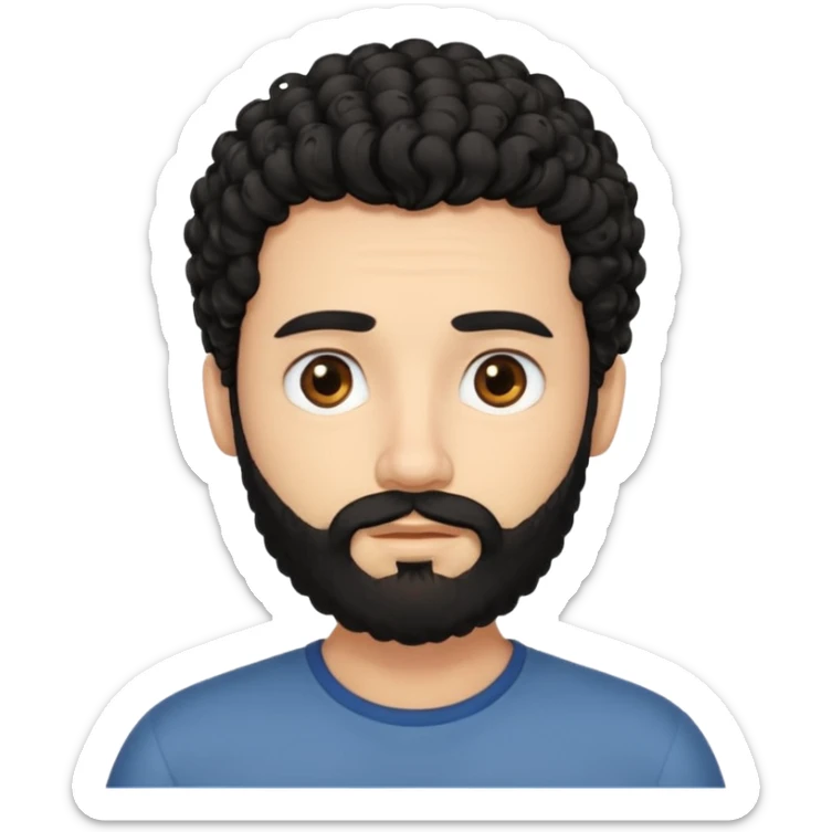 This is a cartoon-style avatar of a man with curly black hair, a beard, and a calm expression sticker
