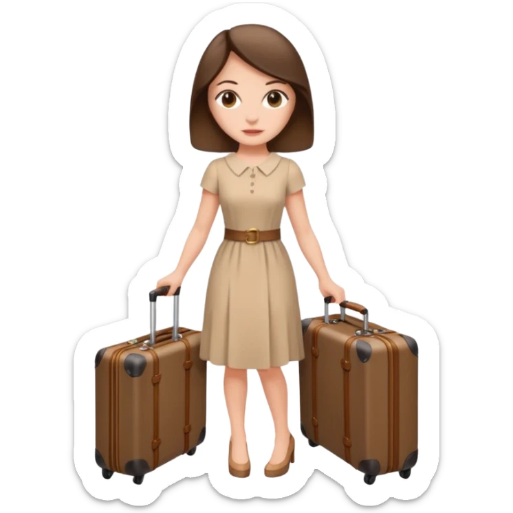 White woman in beige dress brunette with a suitcase LV sticker