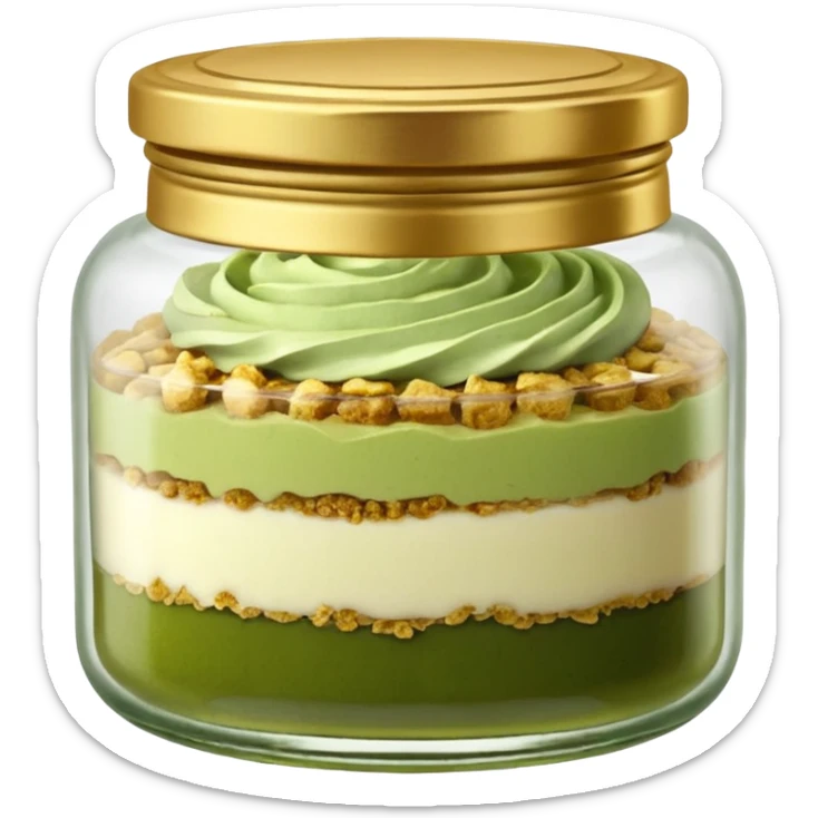 A small round glass jar with a gold lid, filled with layered dessert: creamy white base, green matcha layer in the middle, and a crunchy topping on top.

 sticker