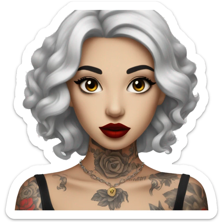 Pale black haired girl with black tattoos on body wearing red lipstick  sticker