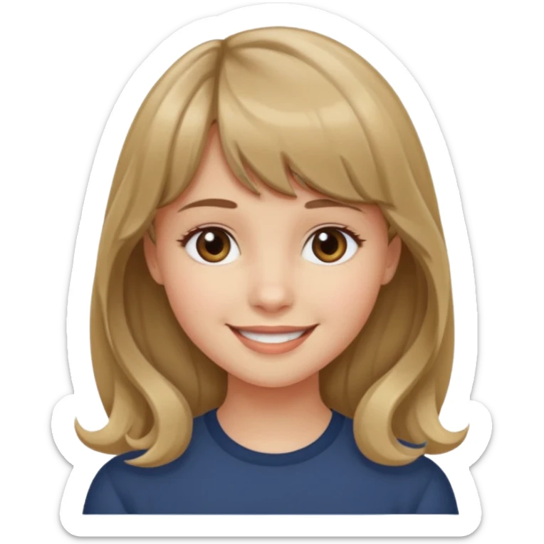 A girl with wavy, dark blonde hair, straight bangs, and straight eyes. She is smiling. sticker