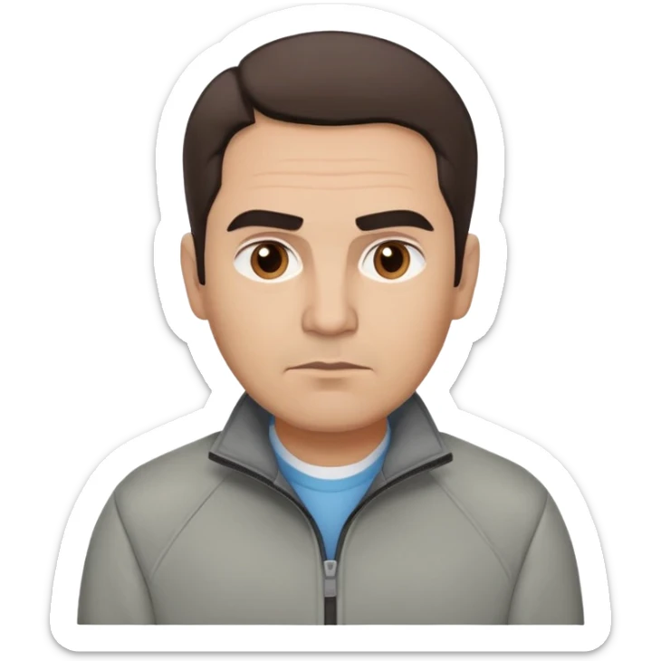 Hispanic actor in his 50s with light skin, round face, wide jaw. Lively brown eyes, thick eyebrows. Short brown hair with receding hairline. Neutral-serious expression. Wearing a casual gray jacket. sticker