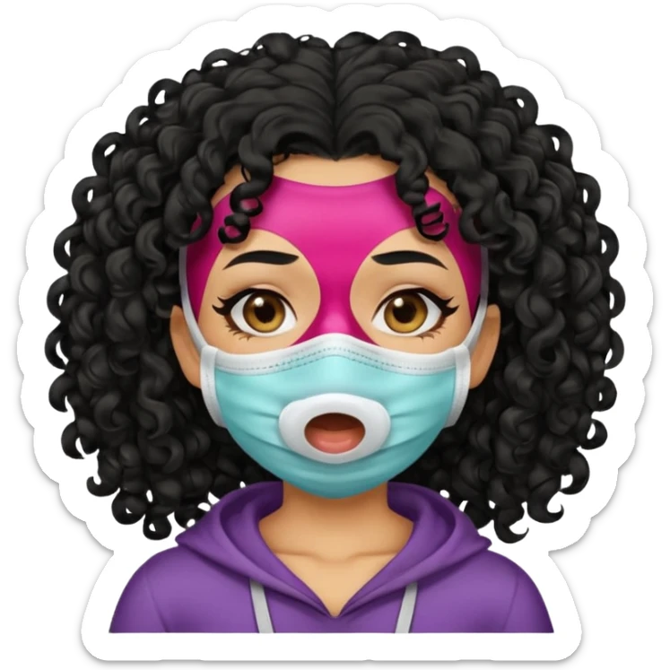 a pretty tan bratz girl with black curly hair. no makeup, looking sick, wearing a mask, coughing sticker