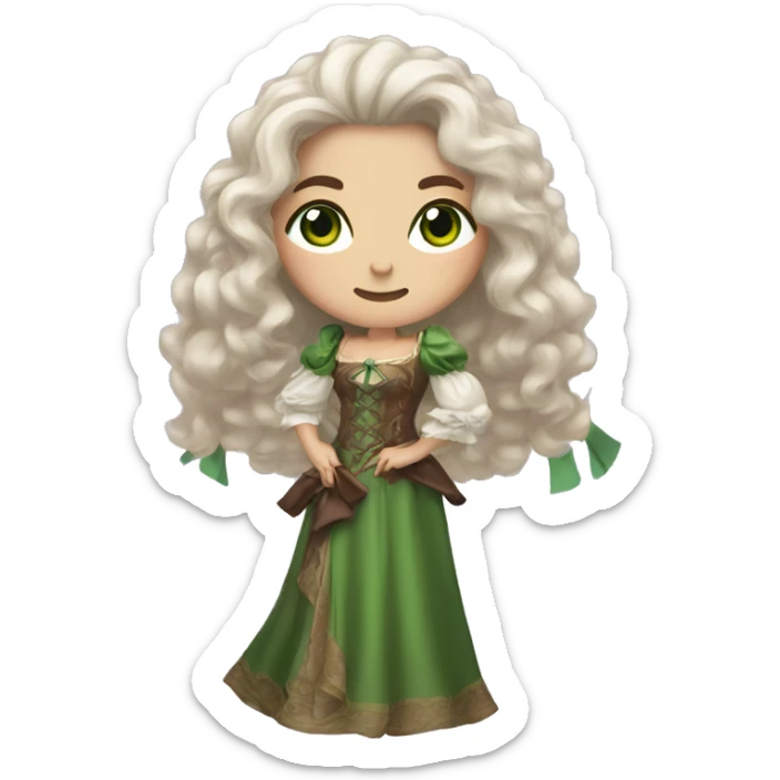 A woman with light skin, with green eyes, brown long wavy hair, dressed in a fantasy dress with fluffy sleeves, holding a bow for shooting sticker