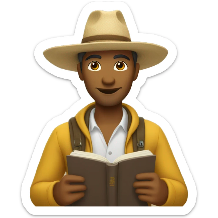 mexican tourism host, wearing adventure clothes, with not too dark brown skin, reading a book  sticker